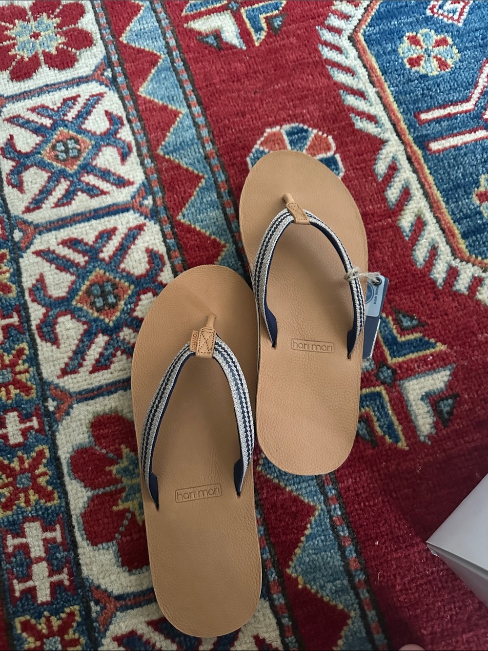 Harri Mari Tan Flip-Flop Sandals with Navy Straps